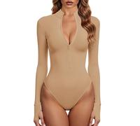 GJY Womens Zip Front Long Sleeve Bodysuit, Light apricot., S