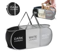 gjzje Laundry Basket, 3-Section Foldable Hamper for Laundry, Fabric Storage for Nursery Bedroom Room Home Baby Dorm Travel