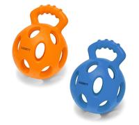 GJZSHTT Durable Dog Puzzle Toy - 2-Pack Interactive Dog Balls with Handle and Holes for Tug of War, Treat Dispensing, Slow Feeder & IQ Training, Rubber Kettlebell Design - 3.94”x5.2” (Blue + Orange)