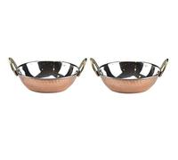GK Global Kitchen Copper Kadai Karahi Hammered Double Wall Balti Dishes Curry Serving Bowls Indian Platter Stainless Steel Kadhai Multipurpose Rim Serving Bowls Set (2, 15cm)