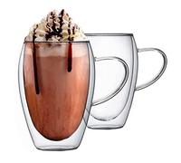 GK Global Kitchen Double Walled Glass Mugs Set of 2 Coffee Cappuccino Latte Glasses Cups with Handle Insulated Heat Resistant for Macchiato Tea Milk Juice Ice Cream Borosilicate Glass Cups (350ml)