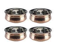 GK Global Kitchen Hammered Copper Serving Handi Double Wall Balti Dishes Curry Serving Bowls Indian Stainless Steel Multipurpose Rim Serving Bowls Set 13cm/15cm/17cm (4, 15cm)