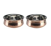 GK Global Kitchen Hammered Copper Serving Handi Double Wall Balti Dishes Curry Serving Bowls Indian Stainless Steel Multipurpose Rim Serving Bowls Set 13cm/15cm/17cm (2, 15cm)