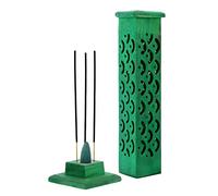 GK Global Kitchen Incense Stick Burner - Tower Holder Box For Ash Catchers Joss Cone Holders Sticks Stand Carved Detailing Wood Home Decor (Green), Height: 31cm x Length: 7.5cm x Width: 7.5cm