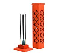 GK Global Kitchen Incense Stick Burner - Tower Holder Box For Ash Catchers Joss Cone Holders Sticks Stand Carved Detailing Wood Home Decor (Orange), Height: 31cm x Length: 7.5cm x Width: 7.5cm