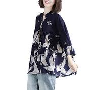 GK-O Women Japanese Style Crane Print Long Sleeve Chiffon Shirt Loose Fit Blouse - Blue - Large