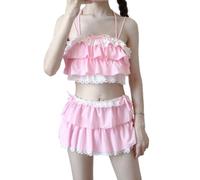 GK-O Women Kawaii Ruffle Bikini Set Japanese Lolita Style Sweet Swimwear Cute Two Piece Bathing Suit with Skirt Shorts