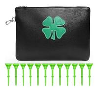 GKandi Golf Valuables Pouch Ball Tee Bag Clover Leather Pack with 12 Pcs 3 1/4 inch Plastic Tees and Pocket Zipper Hook, Golf Club Bag Accessories Gift Ideas for Men Women (Black)