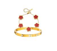 Gkaopi 2 Pcs Bracelets for Women 18K Gold Plated Crystal Bangle Cuff Five Leaf Clover Bracelet Set Adjustabl Stacking Flower Bangle Set Lucky Friendship Love Bracelet Clover Jewelry Birthday (Red)