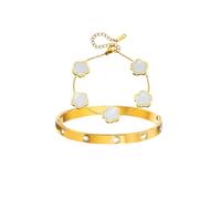 Gkaopi 2 Pcs Bracelets for Women 18K Gold Plated Crystal Bangle Cuff Five Leaf Clover Bracelet Set Adjustabl Stacking Flower Bangle Set Lucky Friendship Love Bracelet Clover Jewelry Birthday (White)