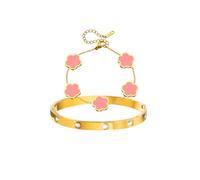 Gkaopi 2 Pcs Bracelets for Women 18K Gold Plated Crystal Bangle Cuff Five Leaf Clover Bracelet Set Adjustabl Stacking Flower Bangle Set Lucky Friendship Love Bracelet Clover Jewelry Birthday (Pink)