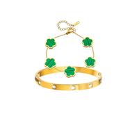 Gkaopi 2 Pcs Bracelets for Women 18K Gold Plated Crystal Bangle Cuff Five Leaf Clover Bracelet Set Adjustabl Stacking Flower Bangle Set Lucky Friendship Love Bracelet Clover Jewelry Birthday (Green)