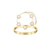 Gkaopi 2 Pcs Clover Bracelet 18k Plated Gold Four Leaf Clover Bracelet and Cubic Zirconia Cuff Bracelets Set Hypoallergenic Lucky Leaf Wristlet Jewellery Set for Women Girls(White)