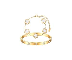 Gkaopi 2 Pcs Clover Bracelet 18k Plated Gold Four Leaf Clover Bracelet and Cubic Zirconia Cuff Bracelets Set Hypoallergenic Lucky Leaf Wristlet Jewellery Set for Women Girls(White)