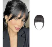 Gkaopi Clip in Bangs 100% Real Human Hair Dark Brown Fake Front Bangs Clip in Hair Extensions Wispy Bangs Fringe with Temples Hairpieces Natural Curved Air Bangs for Women Daily Wear (Natural Black)