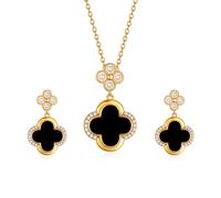 Gkaopi Four-Leaf Clover Jewellery Set for Women Gold Plated Stainless Steel Black White Four-Leaf Clover Pendant Necklace Stud Earrings Jewellery Set (Black)