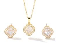 Gkaopi Jewellery Set for Women Clover Gold Plated Sterling Silver Necklace Stud Earrings Jewellery Set Settings Sparkling Cubic Zirconia Diamond Cut Crystal Jewelry Gift for Girls