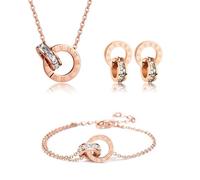 Gkaopi Jewellery Set for Women Girls 18K Gold Plated Stainless Steel Necklace Bracelet and Stud Earrings Set Roman Numerals Circle Zircon Pendant Adjustable Elegant Jewellery (Rose Gold, one size)