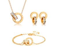 Gkaopi Jewellery Set for Women Girls 18K Gold Plated Stainless Steel Necklace Bracelet and Stud Earrings Set Roman Numerals Circle Zircon Pendant Adjustable Elegant Jewellery (Gold, one size)