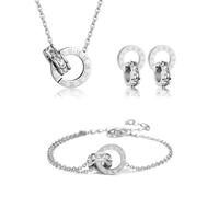 Gkaopi Jewellery Set for Women Girls 18K Gold Plated Stainless Steel Necklace Bracelet and Stud Earrings Set Roman Numerals Circle Zircon Pendant Adjustable Elegant Jewellery (Silver, one size)