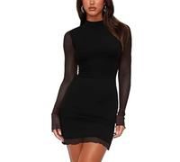 Gkaopi Women's Sexy Mesh Mini Dress Bodycon Long Sleeve Mock Neck Short Dress Ladies Slim Fit Going Out Dresses for Club Cocktail Party(S) Black