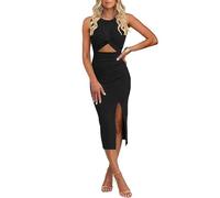 Gkaopi Womens Sexy Midi Dress Casual Sleeveless Cut Out Twist Front Side Slit Ribbed Knit Dresses High Waist Ruched Bodycon Midi Dresses Elegant Crewneck Tank Dress for Party Night Out Clubwear Black