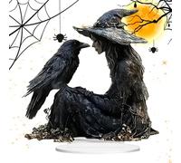 GkgWuxf Witchy Desk Ornament - 2D Acrylic Festive Desk Decor,Halloween Aesthetic Witch Crow Sign for Home Shelf Nightstand Table Car Bathroom Indoor Dorm Studio Bedroom