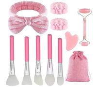 Gkhlg 11 Pcs Jade Roller and Gua Sha Set Premium Rose Quartz Beauty Skincare Tools with Ergonomic Handle Smooth Surface for Women Facial Massage Anti-Wrinkle Puffiness Reduction Home Daily Use