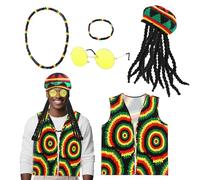 Gkhlg 5 Pieces Mens Fancy Dress Costume Rasta Hat with Dreadlock Wig Caribbean Reggae Accessories for Men Bob Marley Costume for Halloween Themed Parties Carnival