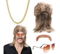 Gkhlg Set of 4 Men’s Blonde Mullet Wig and 80s Outfit Accessories Fancy Dress Costumes Men for 70s/80s/90s Themed Parties Fancy Dress Cosplay Carnival Halloween and More
