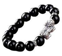GKIRQVPE Obsidian Pure Silver Crystal Feng Shui Bracelet | 8-14mm Feng Shui Wealth Fortune Charm Quartz Amulet Gift: Prosperity Money Luck Blessing