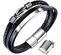 Gkmamrg Men's Bracelet Leather Bangle Black Leather Band for Men, Braided Genuine Leather Wide Leather Bracelet Wrap Bracelet with Magnetic Clasp