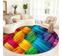 GKPLY 5' Rainbow Braided Rug Round Multicolor Weave Print Circle Rug | Vibrant Textured Area Rugs for Living Room, Boho Colorful Decor Washable Rugs Non Slip Indoor Carpet