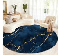 GKPLY Marble Rug Round Bedroom, Blue Gold Stone Area Rugs for Living Room, Luxury Blue Circle Rug for Kids, Washable Rugs Non Slip, Carpet Decor 5.3ft