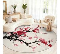 GKPLY Round Cherry Blossom Rugs for Living Room, Japanese Area Rugs for Bedroom, Pink Plum Circular Rug, Washable Rug Non Slip Traditional Floral Decor Carpet 4ft