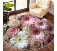 GKPLY Round Pink Daisies Rugs 7.2' Mixed Rose Print Circular Rug | White Daisy Area Rugs for Dining Room, Soft Low Pile Indoor Washable Fresh Floral Rugs & Floor Carpet