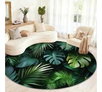 GKPLY Round Tropical Palm Leaves Area Rug, Jungle Monstera Rugs for Living Room, Exotic Greenery Artwork Circle Rugs for Bedroom, Dark Botanical Washable Rug Non Slip, Carpet Decor 4ft