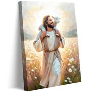 GKQNMU Jesus Carrying The Lamb Canvas Wall Art Jesus leaves the 99 sheep Wall Decor Picture Christ the Good Shepherd Printed Painting for Living room bedroom church Decoration Ready to Hang