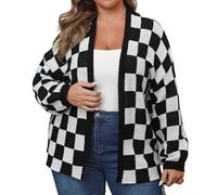 GKSMHD Women Oversize Cardigan Plus Size Black White Checkerboard Pattern Knitted Cardigan Loose Casual Open Front Sweater Spring Autumn Lightweight Outwear,Black,3XL