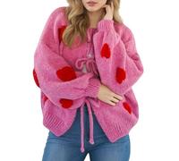 GKSMHD Women's Knitted Cardigan Sweet Heart and Strawberry Print Front Tie-Up Long Sleeve V Neck Crop Cardigan Autumn Winter Warm Casual Outwear,Pink-Heart,M