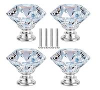 Gkuehry 4 pcs Crystal Knobs, 20mm Diamond Drawer Cabinet Door Pull Crystal Door Handles with Screws for Cupboards Wardrobes Drawers Home Decoration with 4 Lengths of Screws (Silver)