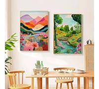 GKUVBF Abstract Colorful Floral Mountain Lake Nature Landscape Illustration Poster Wall Art Canvas Painting Prints Home Decor(50x70cm/2Pcs Frameless)