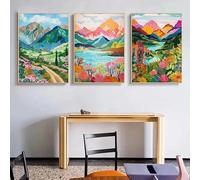 GKUVBF Abstract Colorful Floral Mountain Lake Nature Landscape Illustration Poster Wall Art Canvas Painting Prints Home Decor(60x80cm/3Pcs Frameless)