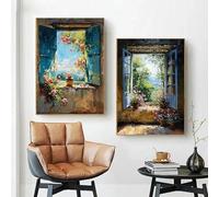 GKUVBF Abstract Colorful Town Window Landscape Canvas Painting Modern Art Sea View Aesthetic Posters Prints Living Room Decor 80x120cm-2Pieces Frameless
