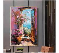 GKUVBF Abstract Colorful Town Window Landscape Canvas Painting Modern Art Sea View Aesthetic Posters Prints Living Room Decor 60x80cm Frameless