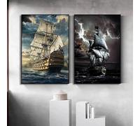 GKUVBF Bismarck Class Battleship Posters and Prints Retro Pirate Ship Canvas Painting Wall Art Pictures for Living Room Decor(80x120cn/2Pcs Frameless)