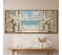 GKUVBF Canvas Wall Art Canvas Printing, Modern Beach View Through Open Window Print, Minimalist Ocean Wave Decor(30x60cm/Frameless)