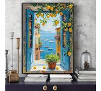 GKUVBF Lemon Tree Mediterranean Seaside View Canvas Prints Coastal Landscape Artwork for Living Room Modern Home Decor(40x50cm/Frameless)