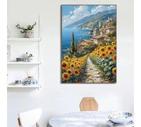 GKUVBF Mediterranean Village Coastal Boat Seaside Landscape Floral Field Cottage Poster Canvas Print Living Room Home Decor 50x75cm Frameless