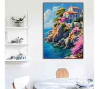 GKUVBF Mediterranean Village Coastal Boat Seaside Landscape Floral Field Cottage Poster Canvas Print Living Room Home Decor 50x75cm Frameless
